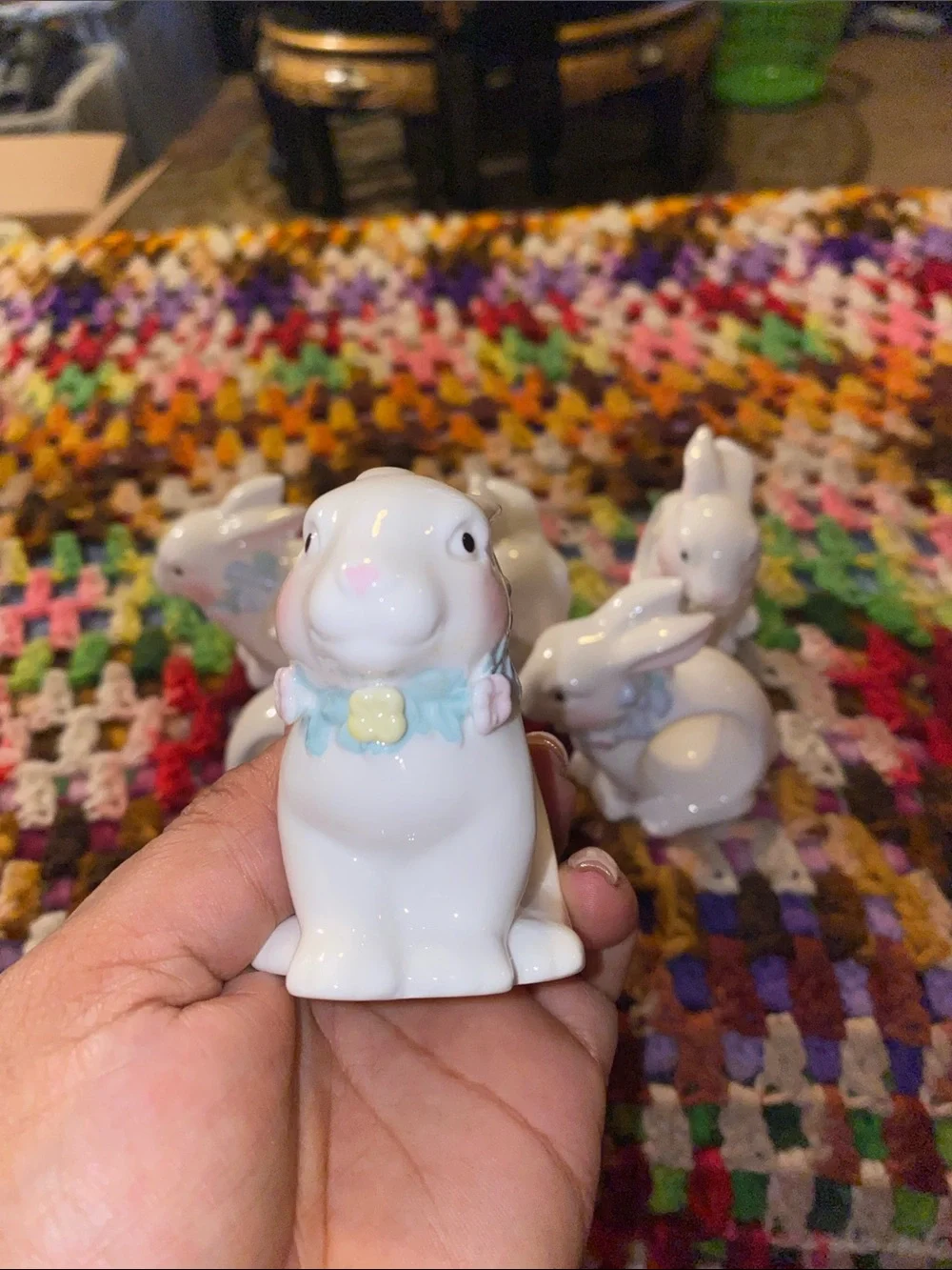 Vintage White Ceramic Bunny Napkin Holders with Blue Bows- Set of 6